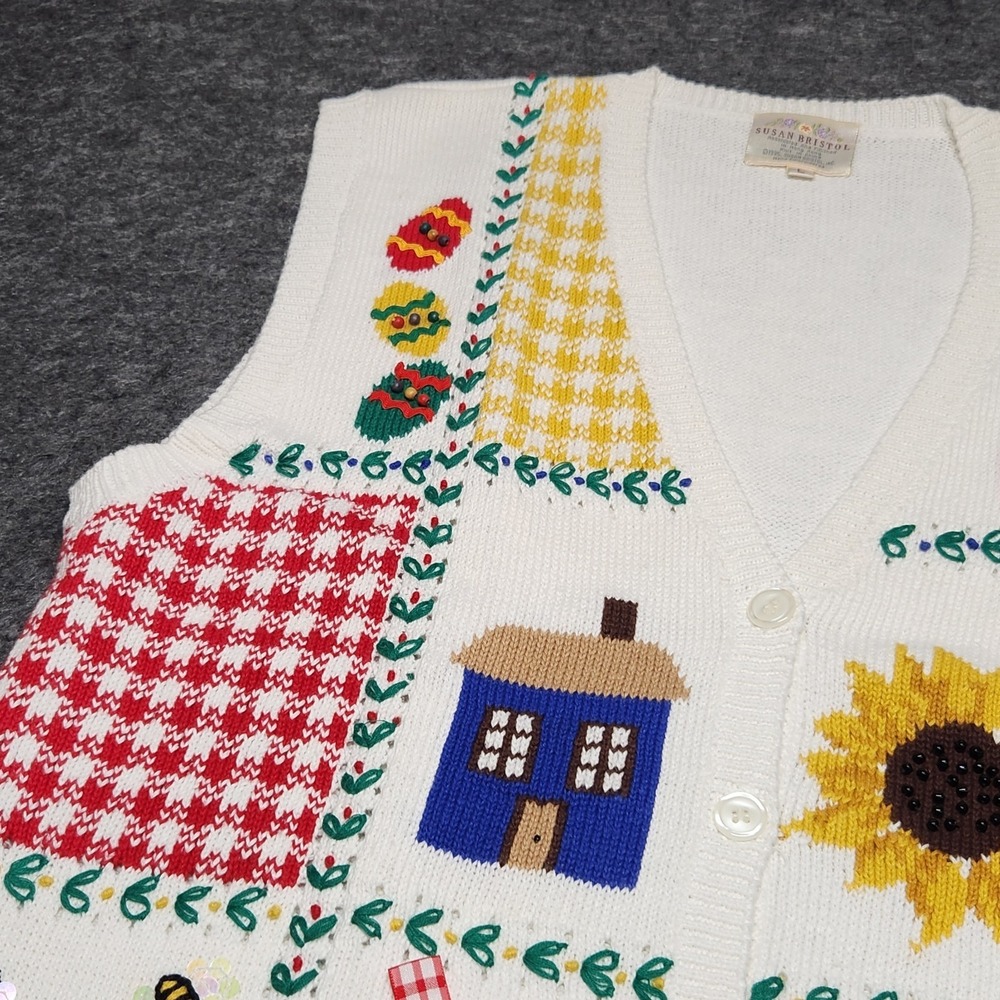 Susan Bristol Vtg Cardigan Sweater Vest Country Gingham Summer Patriotic Large - Picture 3 of 11
